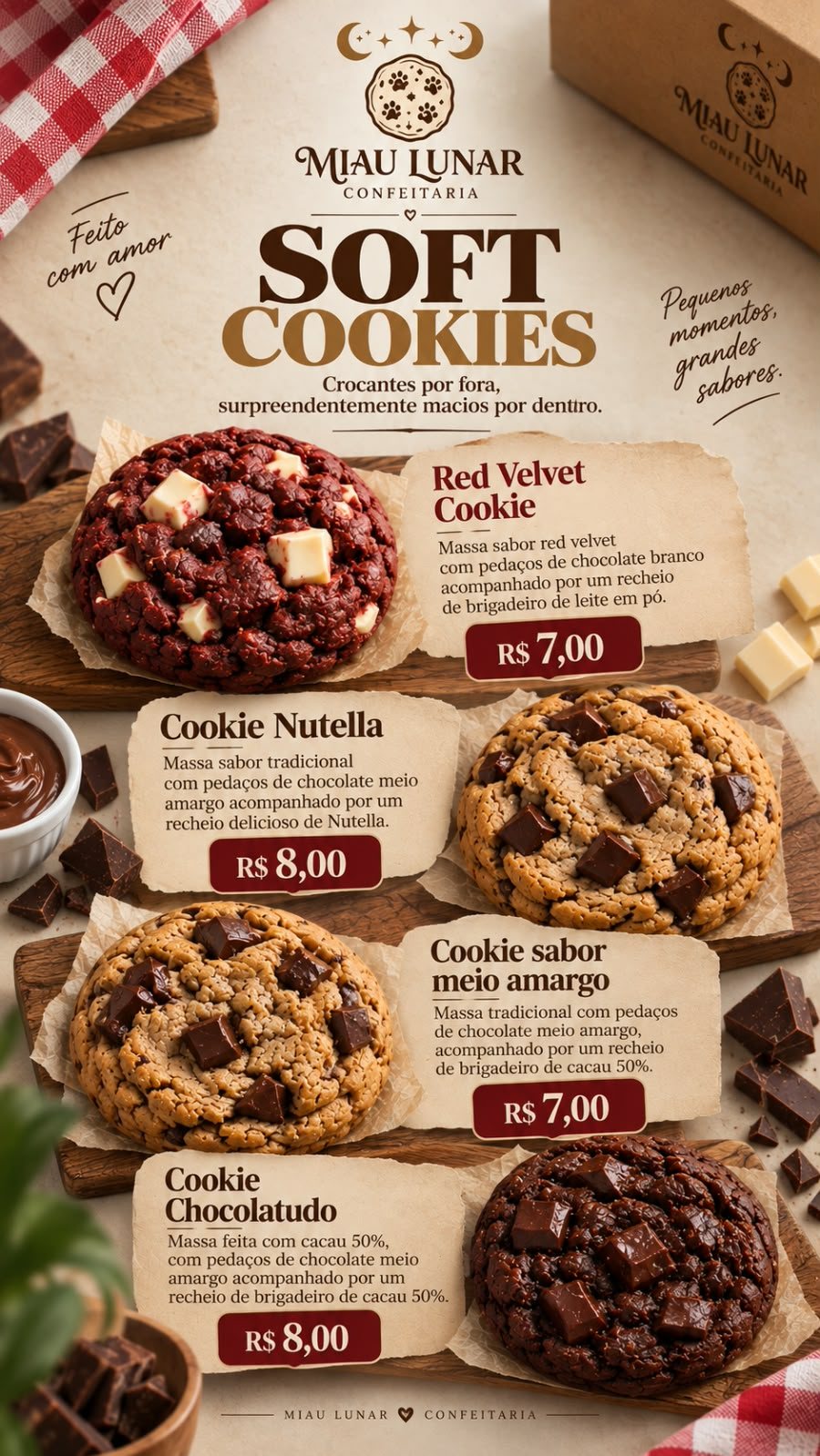 Cardápio ilustrado Miau Lunar: Red Velvet R$ 7, Nutella R$ 8, Meio Amargo R$ 7 e Chocolatudo R$ 8