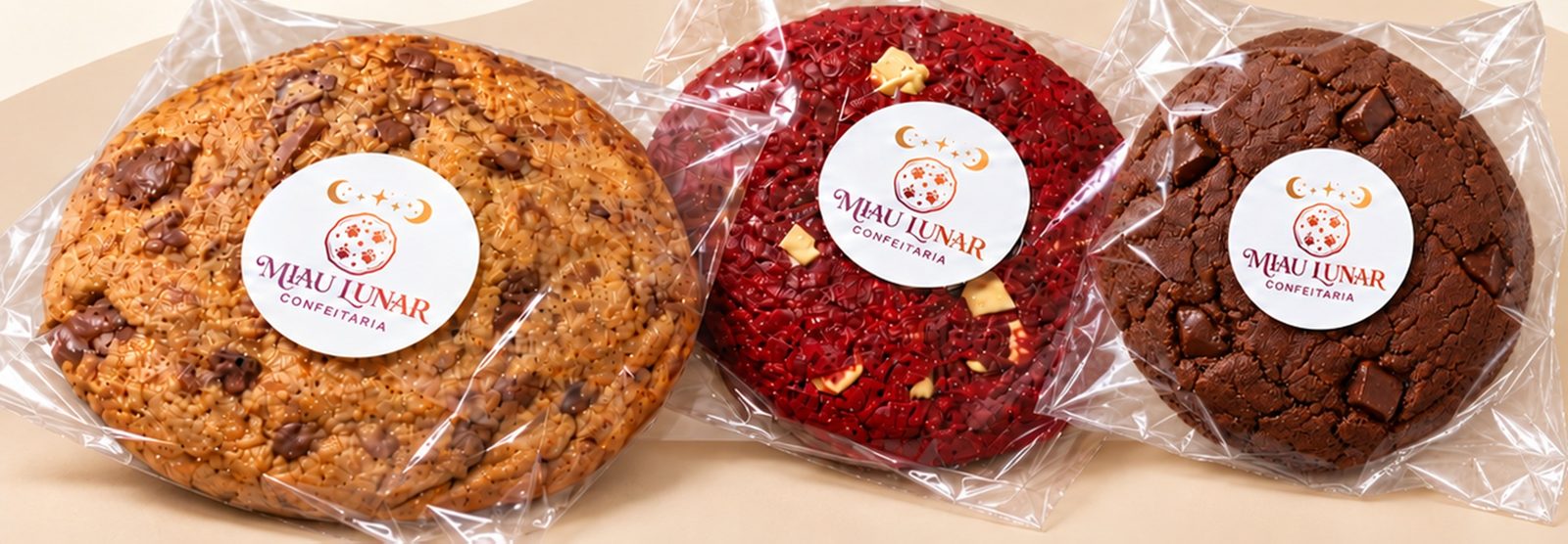 Três soft cookies embalados com o selo Miau Lunar: tradicional, red velvet e chocolate